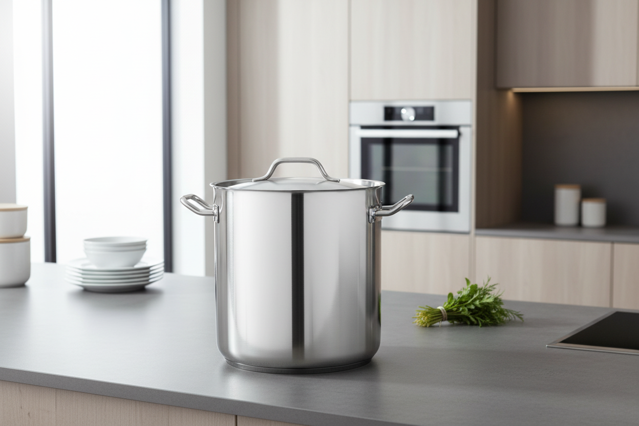Stainless steel stockpot in a modern kitchen
