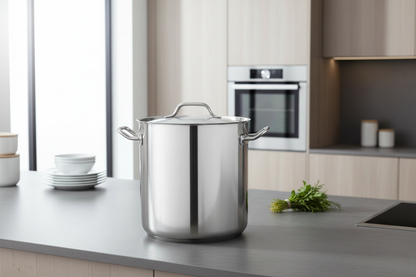 Stainless steel stockpot in a modern kitchen